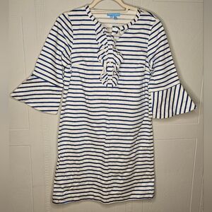 Draper James White Blue Striped Ruffle  3/4 Bell Sleeve Knee Length Dress SZ 2